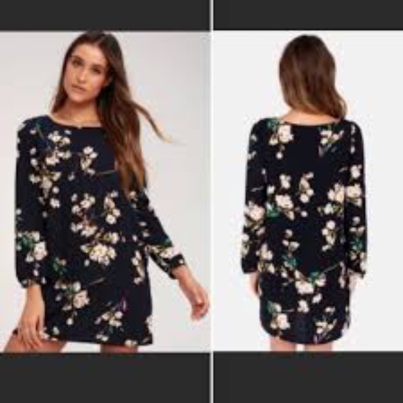 Lulus Herbaceous Dress Floral Navy Shift Mini Long Sleeve Wedding Guest Size M - Picture 2 of 15